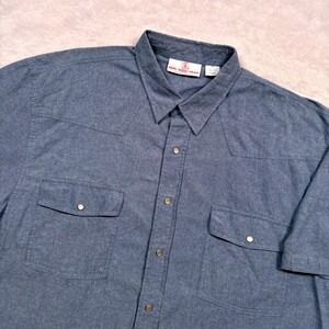 Real Work Wear Western Shirt Men 2XL Blue Chambray Pearl Snap Rodeo Short Sleeve